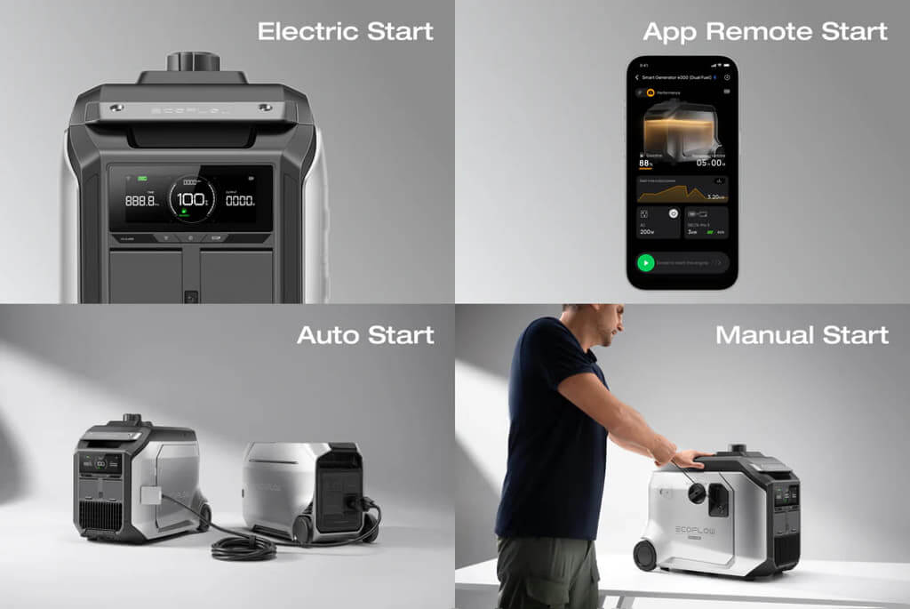 Different start options for EcoFlow Dual Fuel Smart Generator 4000 including electric start, app remote start, auto start, and manual start.