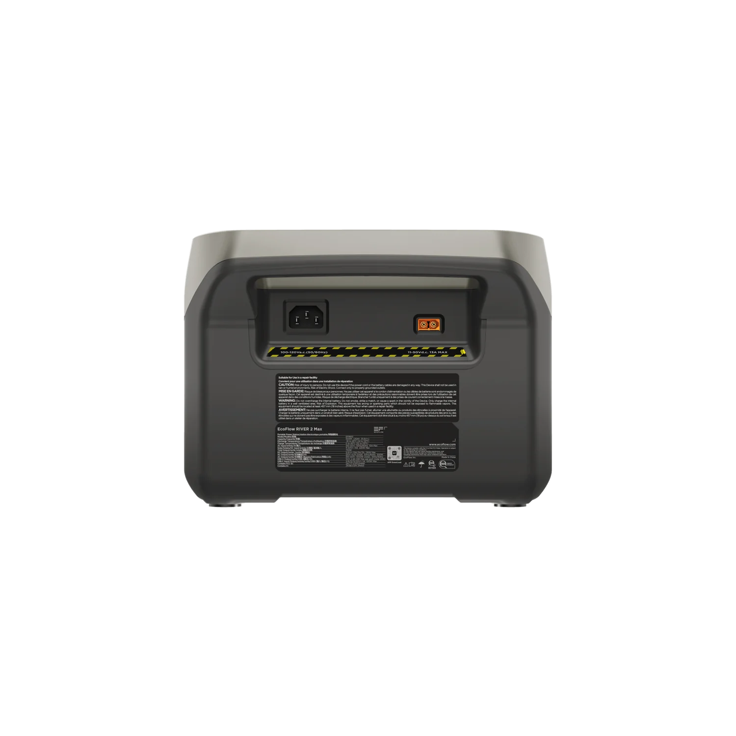 A rear view of the EcoFlow portable power station displays an AC input port, a circuit breaker switch, and manufacturer details at the bottom.