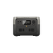 A gray EcoFlow portable power station is displayed against a white background, featuring multiple AC outlets, USB ports, a display screen, and control buttons on the front panel.