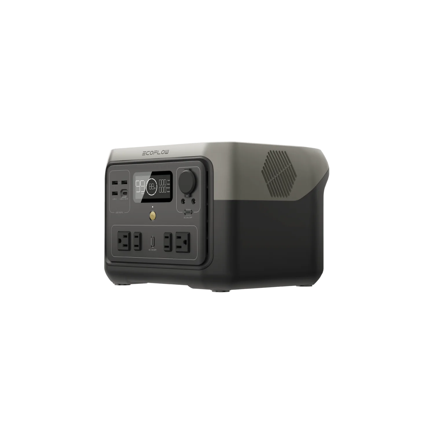 The EcoFlow portable power station, shown in black and gray from an angled front view, features multiple outlets, ports, a display screen, and a vent—ideal for on-the-go energy needs. The EcoFlow brand is visible on top.