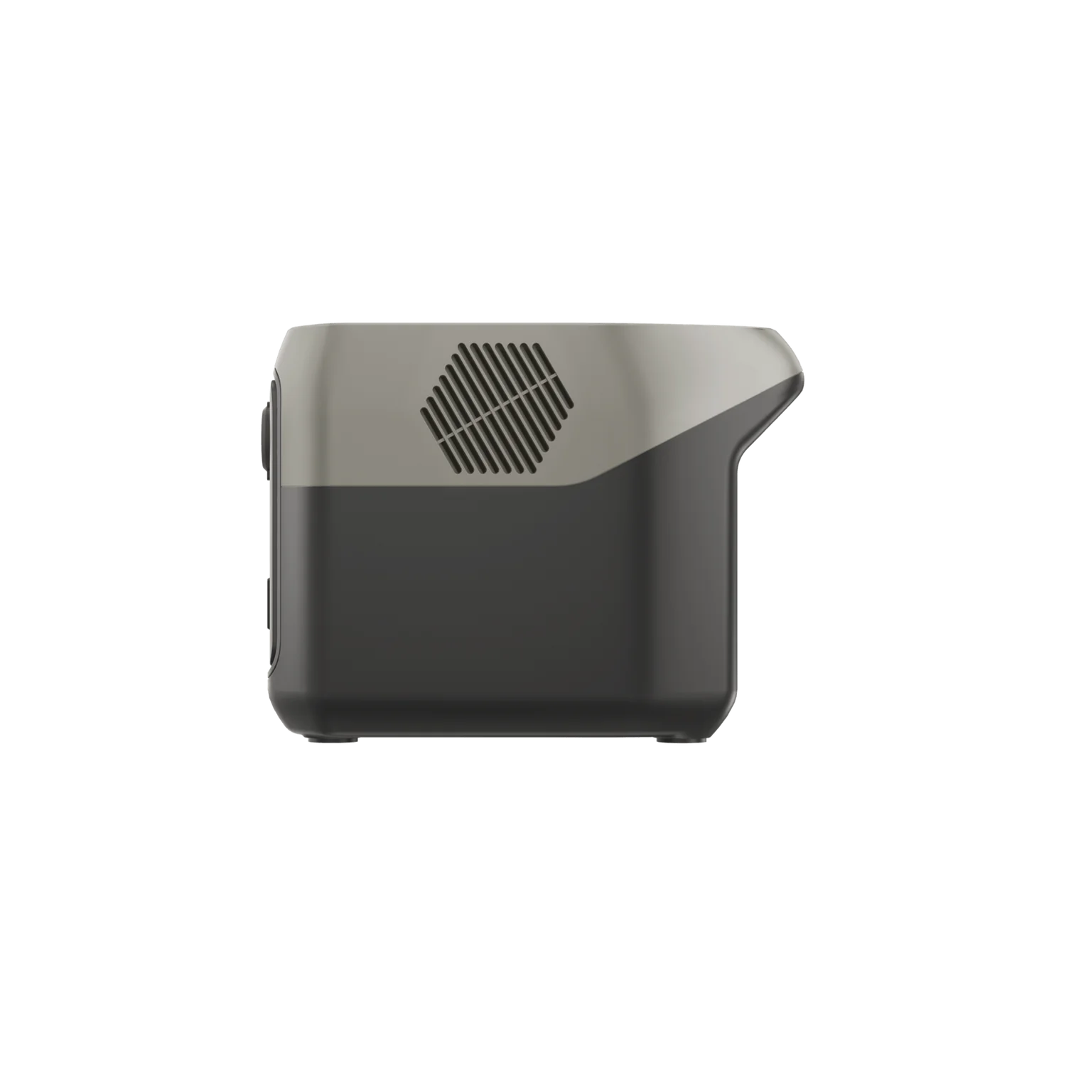 A side view of the EcoFlow device—a compact, rectangular black and gray electronic unit featuring a hexagonal vent grille on the upper left and a protruding section on the right.