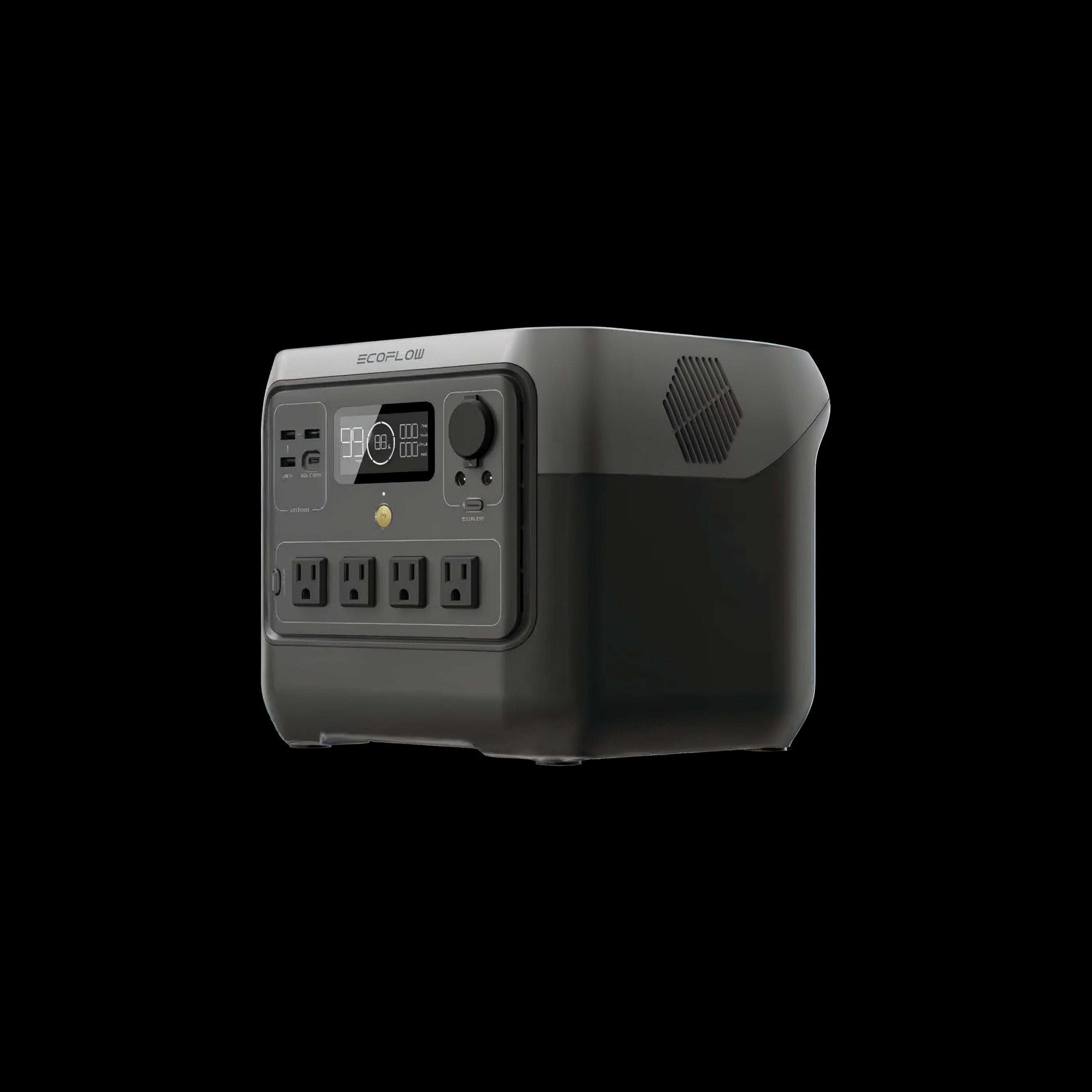The EcoFlow portable power station is shown against a sleek black background, featuring a digital display, various buttons, and multiple outlets on the front. The EcoFlow brand name appears on the top edge, accented by modern CSS styling.