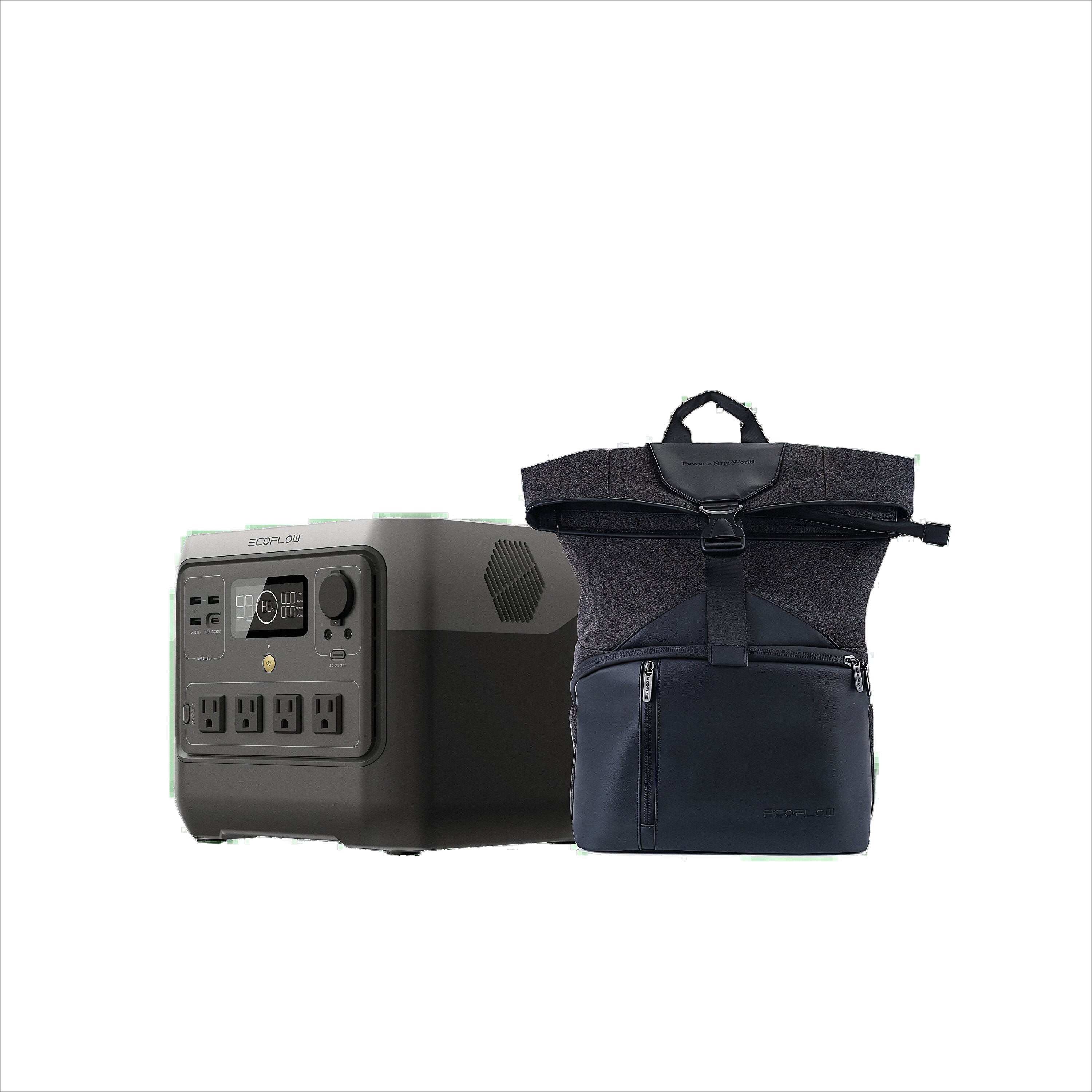 An EcoFlow portable power station with multiple outlets and a display panel sits beside a dark roll-top backpack with front zipper pockets, both placed on a plain white background.