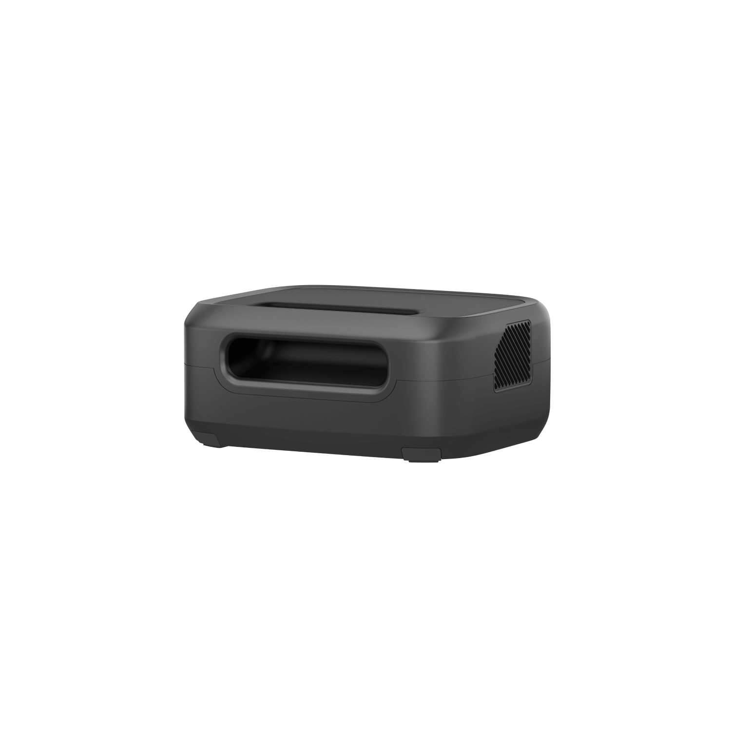 An EcoFlow black rectangular electronic device with vent openings on the side and front rests on a flat surface, featuring versatile outputs and fast charging capabilities in its compact design with smooth edges.