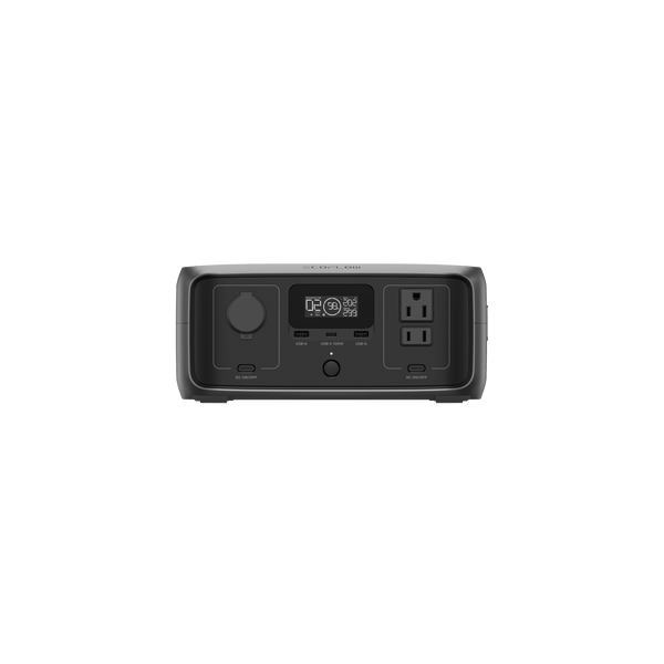 The EcoFlow black rectangular portable power station boasts a digital display, AC outlet, DC charging port, and USB port. With labeled buttons and versatile outputs on the front panel, it ensures ease of use and compatibility for fast charging in any situation.