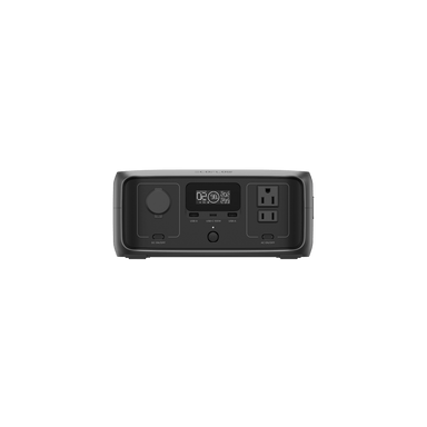 The EcoFlow black rectangular portable power station boasts a digital display, AC outlet, DC charging port, and USB port. With labeled buttons and versatile outputs on the front panel, it ensures ease of use and compatibility for fast charging in any situation.