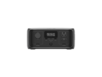 The EcoFlow black rectangular portable power station boasts a digital display, AC outlet, DC charging port, and USB port. With labeled buttons and versatile outputs on the front panel, it ensures ease of use and compatibility for fast charging in any situation.