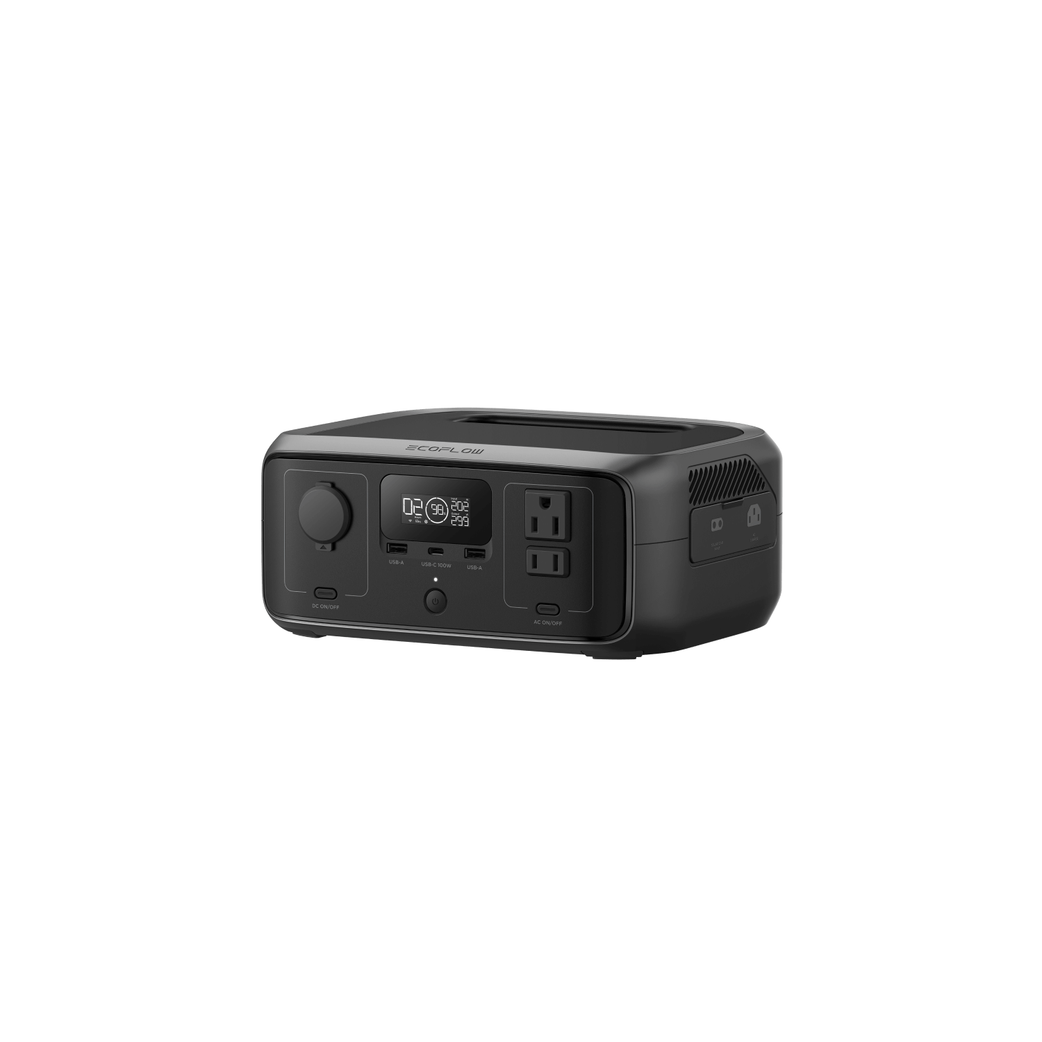The EcoFlow black portable power station offers a compact, sleek design with a digital display, two electrical sockets, a dial, and buttons for versatile outputs. Fast-charging and modern, it's the ideal portable power solution.