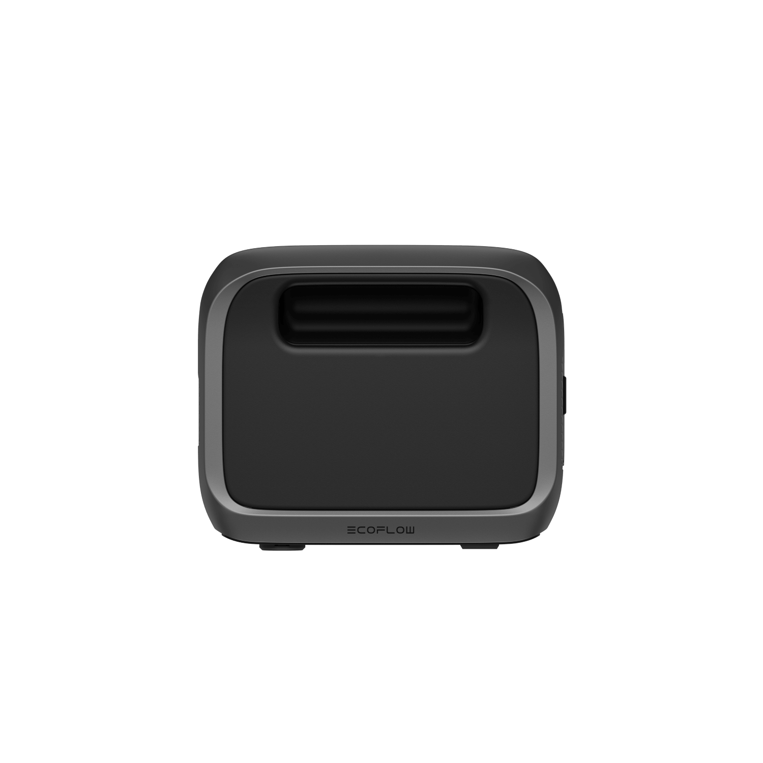 A sleek black EcoFlow device with an indented top handle and branding on the front bottom edge, featuring versatile outputs, is shown on a plain white background.