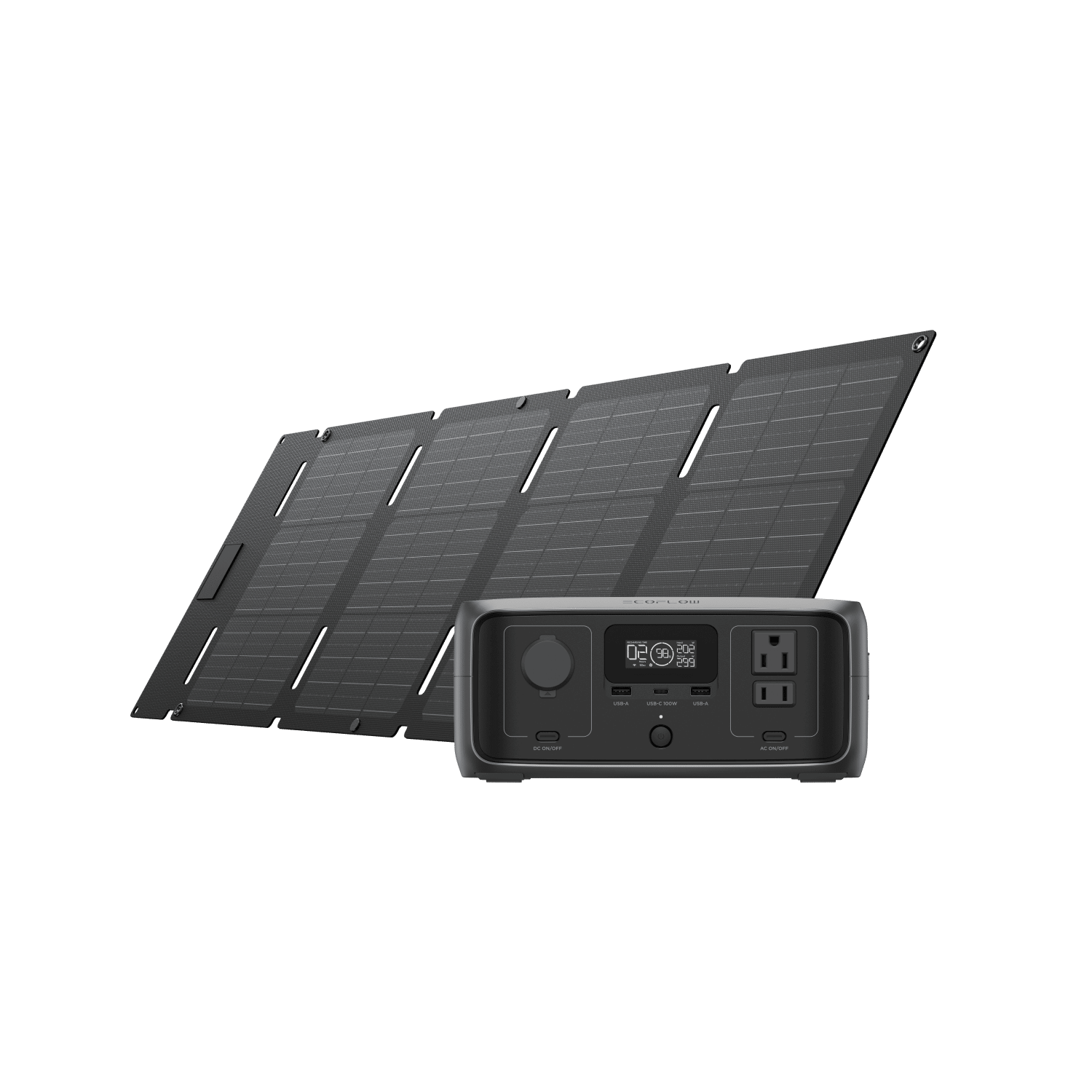 An EcoFlow portable solar panel stands behind a compact power station, creating a versatile energy solution. The front includes outlets, buttons, and a digital display for user-friendly operation. The unfolded panel has multiple sections for effective energy capture and quick charging.