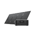 An EcoFlow portable solar panel stands behind a compact power station, creating a versatile energy solution. The front includes outlets, buttons, and a digital display for user-friendly operation. The unfolded panel has multiple sections for effective energy capture and quick charging.