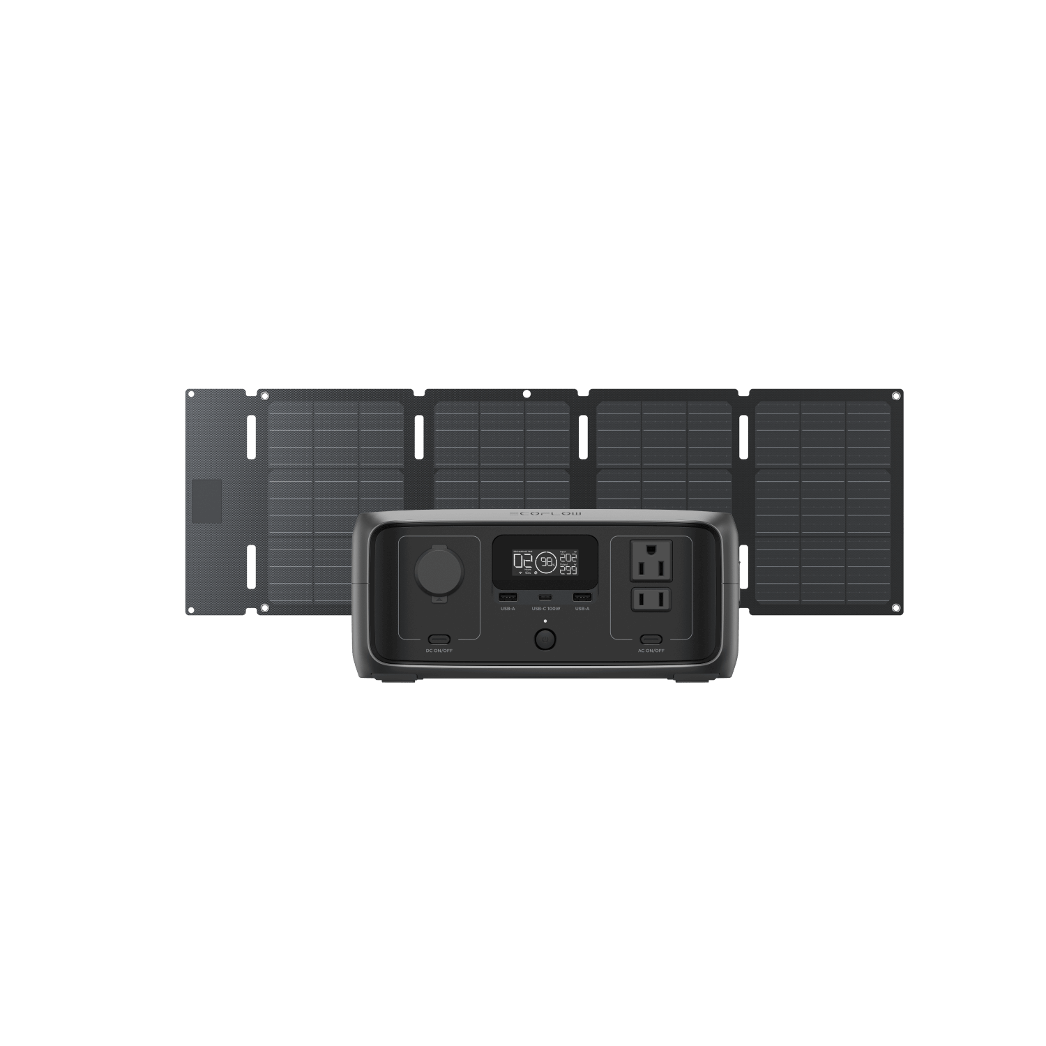 EcoFlow offers a portable power solution featuring a foldable solar panel with multiple segments aligned in a row and a power station that provides fast charging via versatile front outputs for various devices.