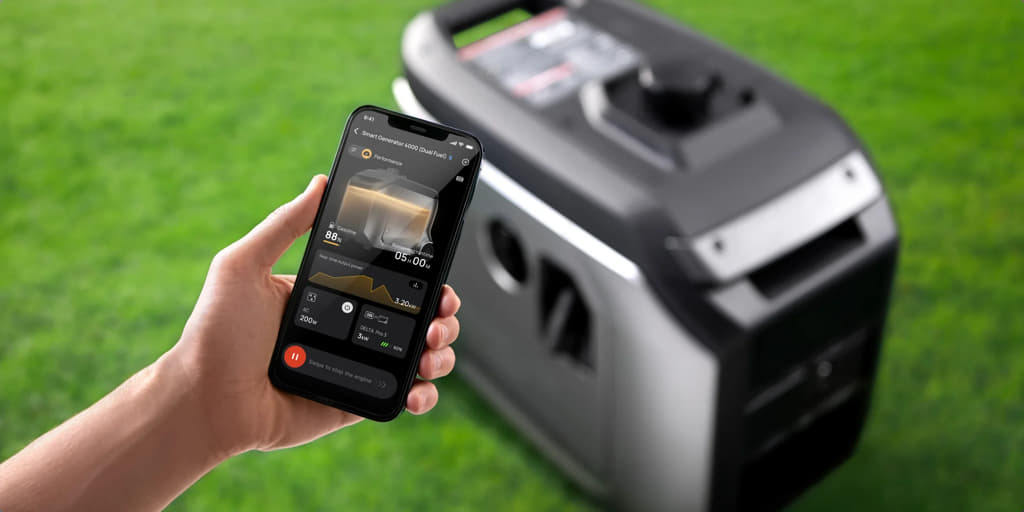 EcoFlow Dual Fuel Smart Generator 4000 with remote monitoring via EcoFlow app on smartphone