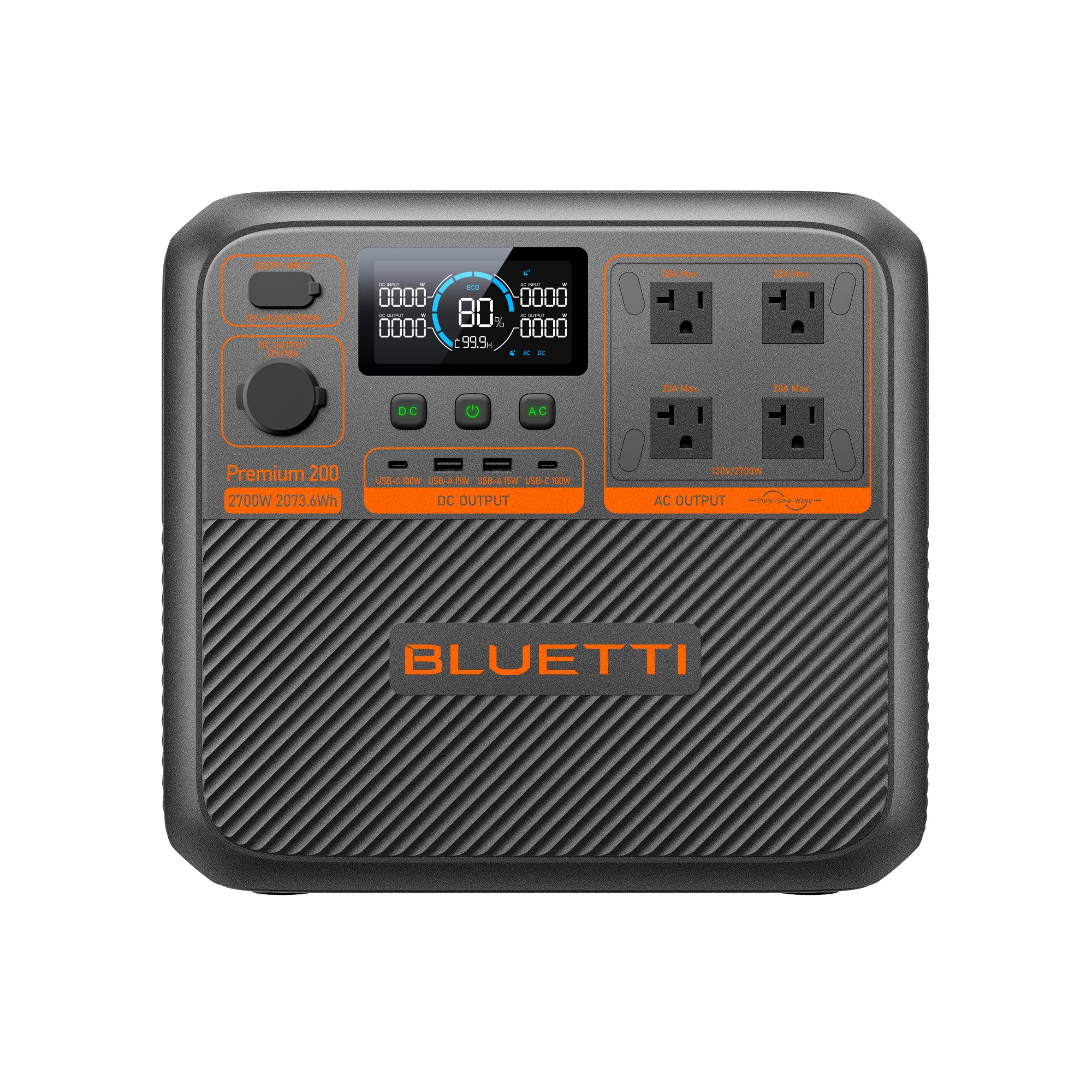 A Bluetti portable power station featuring four AC outlets, a digital display, and multiple input/output ports on the front panel. The device sports a gray and black design with orange accents and branding.