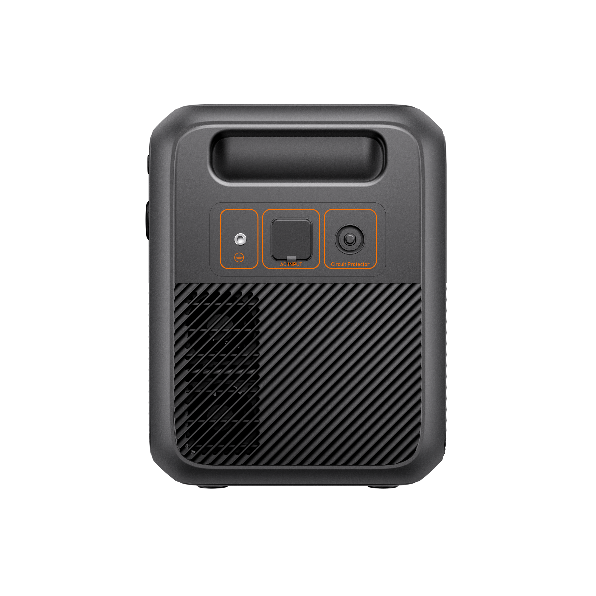 A black Bluetti portable power station features a handle on top, two buttons, a circular port, and diagonal ventilation slats on the lower half. Orange accents highlight the controls and ports, set against a light gray background.