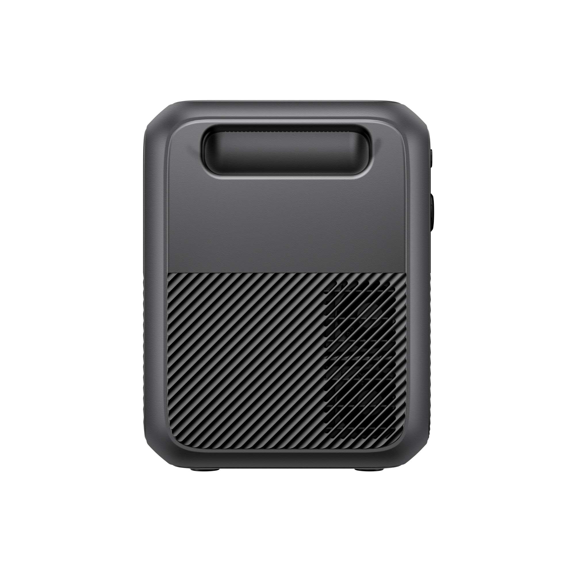 A compact, rectangular black Bluetti device with a handle at the top and a vented, diagonal striped pattern on the lower front. The matte surface and overall design are modern and minimalistic.