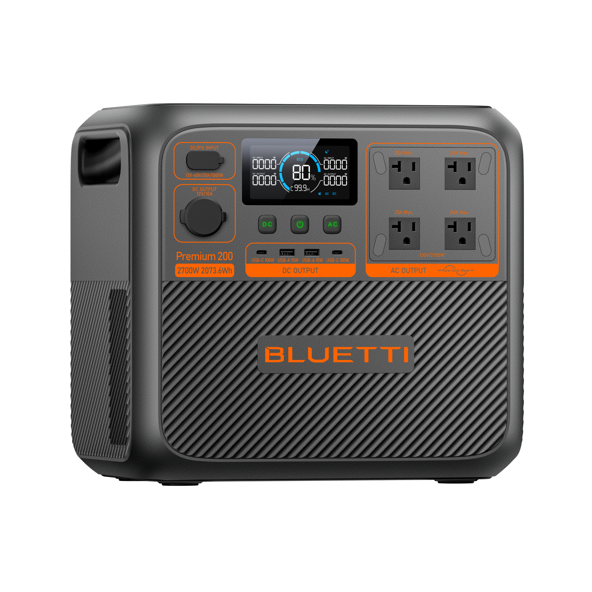A portable Bluetti power station featuring a digital display, four AC outlets, and multiple input/output ports on the front panel. The device is finished in black with orange accents and has a textured surface.