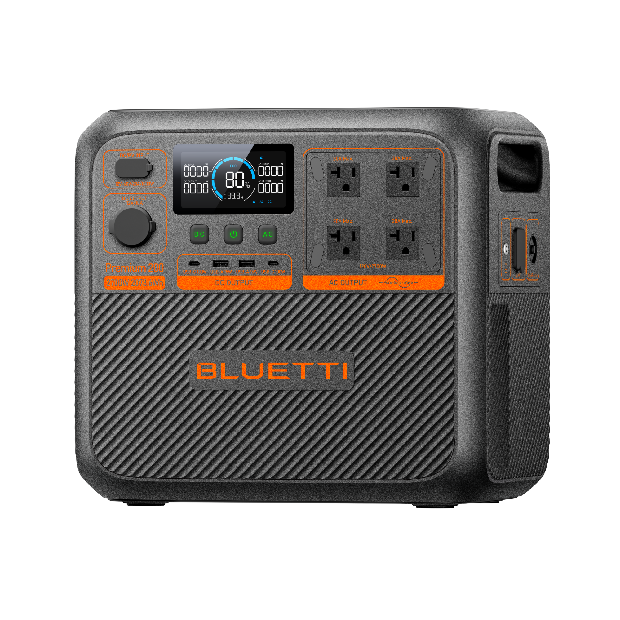 A portable Bluetti power station features a digital display, multiple control buttons, four AC outlets, DC outputs, and distinctive orange accents on a compact, black rectangular unit.