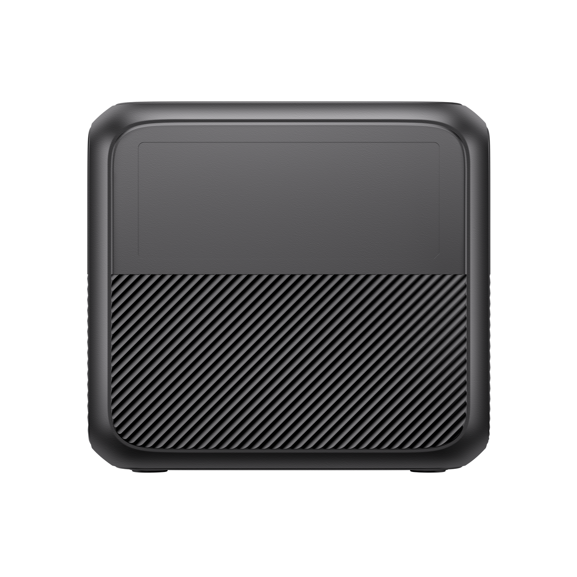 A compact, black, rectangular Bluetti electronic device with rounded corners. The top half is smooth, while the bottom half features diagonal textured lines for grip. The background is plain white.