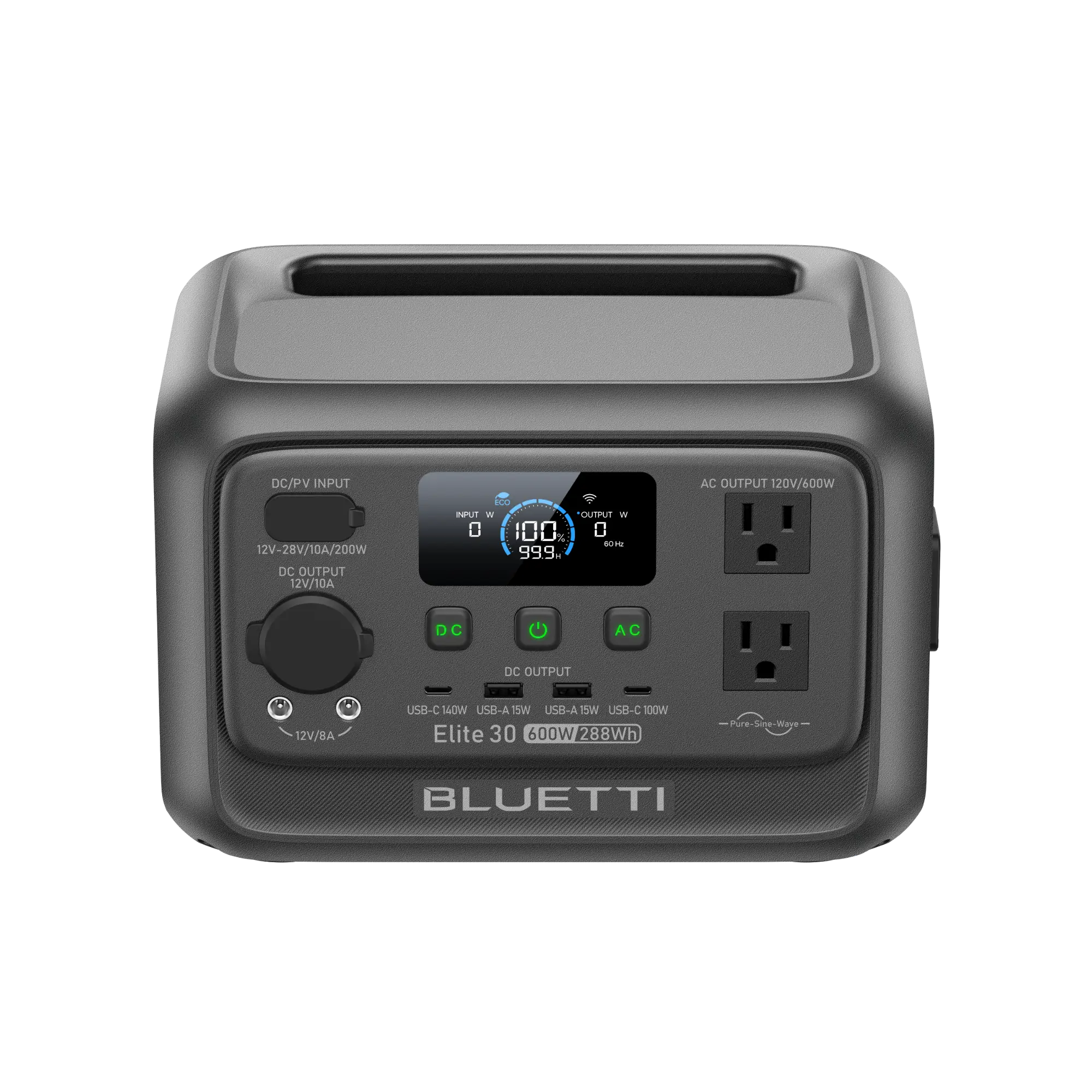A rectangular Bluetti portable power station featuring a digital display, control buttons, two AC outlets, multiple USB and DC outputs, and clearly labeled input/output ports on the front panel.