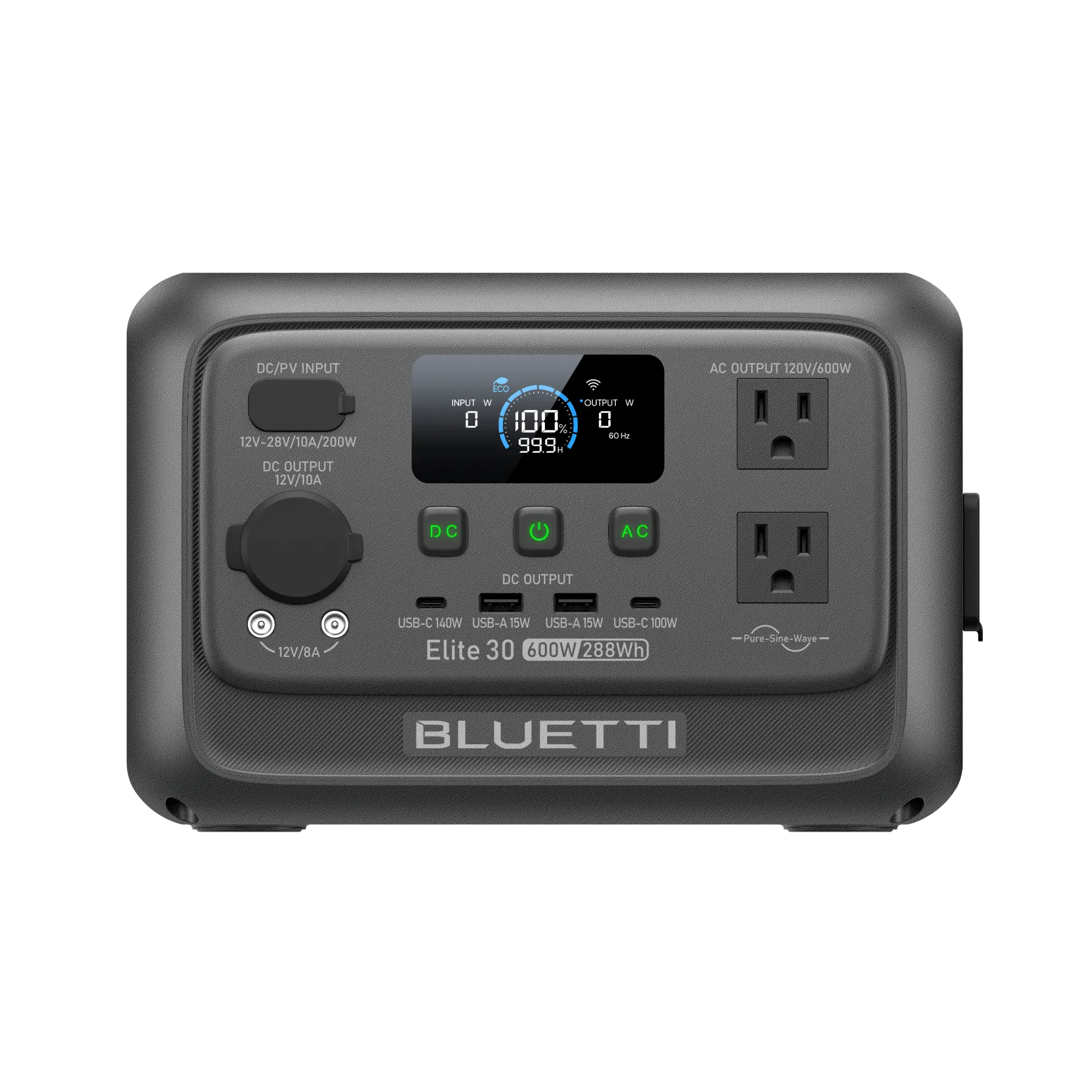 A Bluetti portable power station featuring two AC outlets, a digital display screen, multiple USB ports, and control buttons, shown against a plain white background.