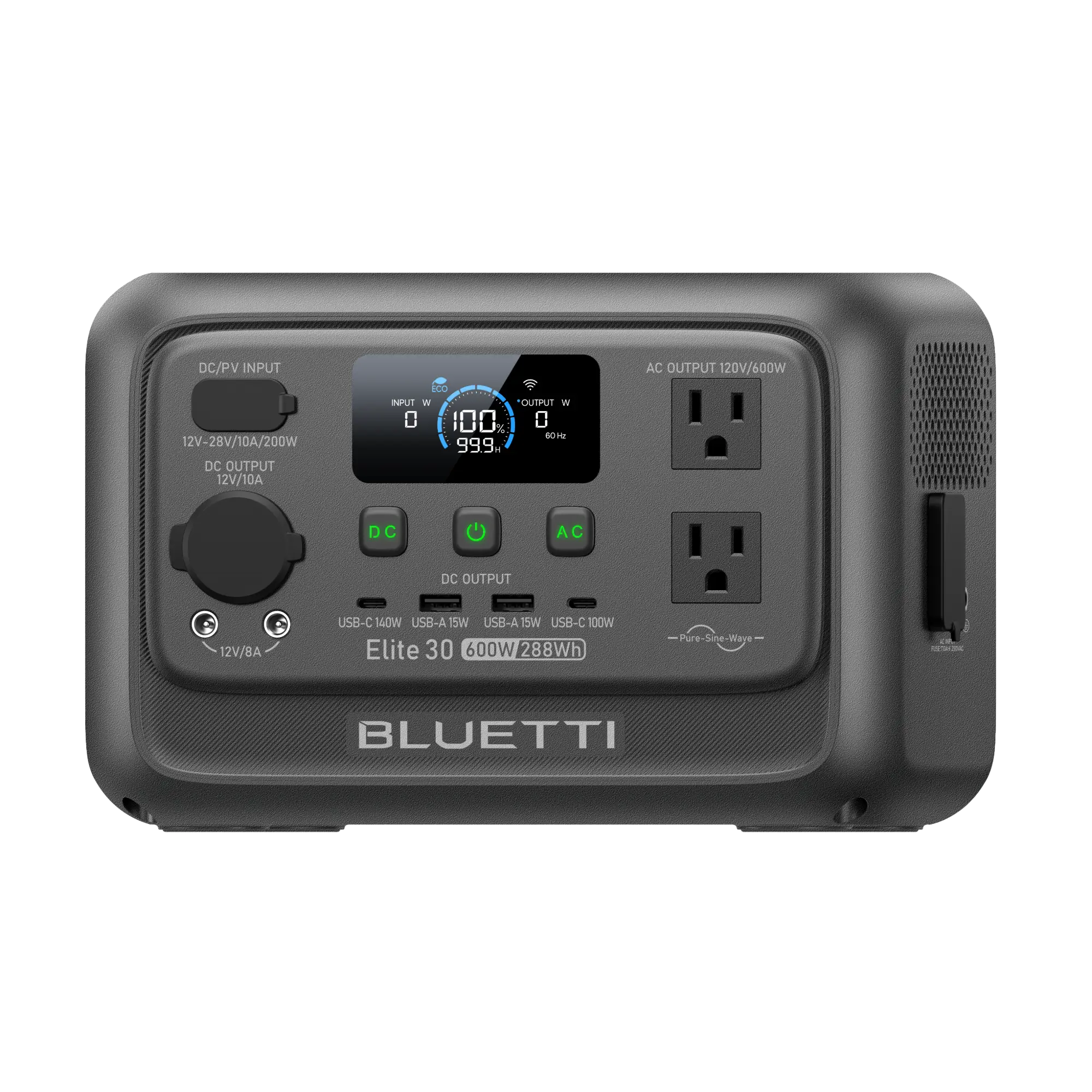 Front view of a Bluetti portable power station featuring input/output ports, AC outlets, a digital display screen reading 100%, control buttons, and the Bluetti brand name at the bottom.