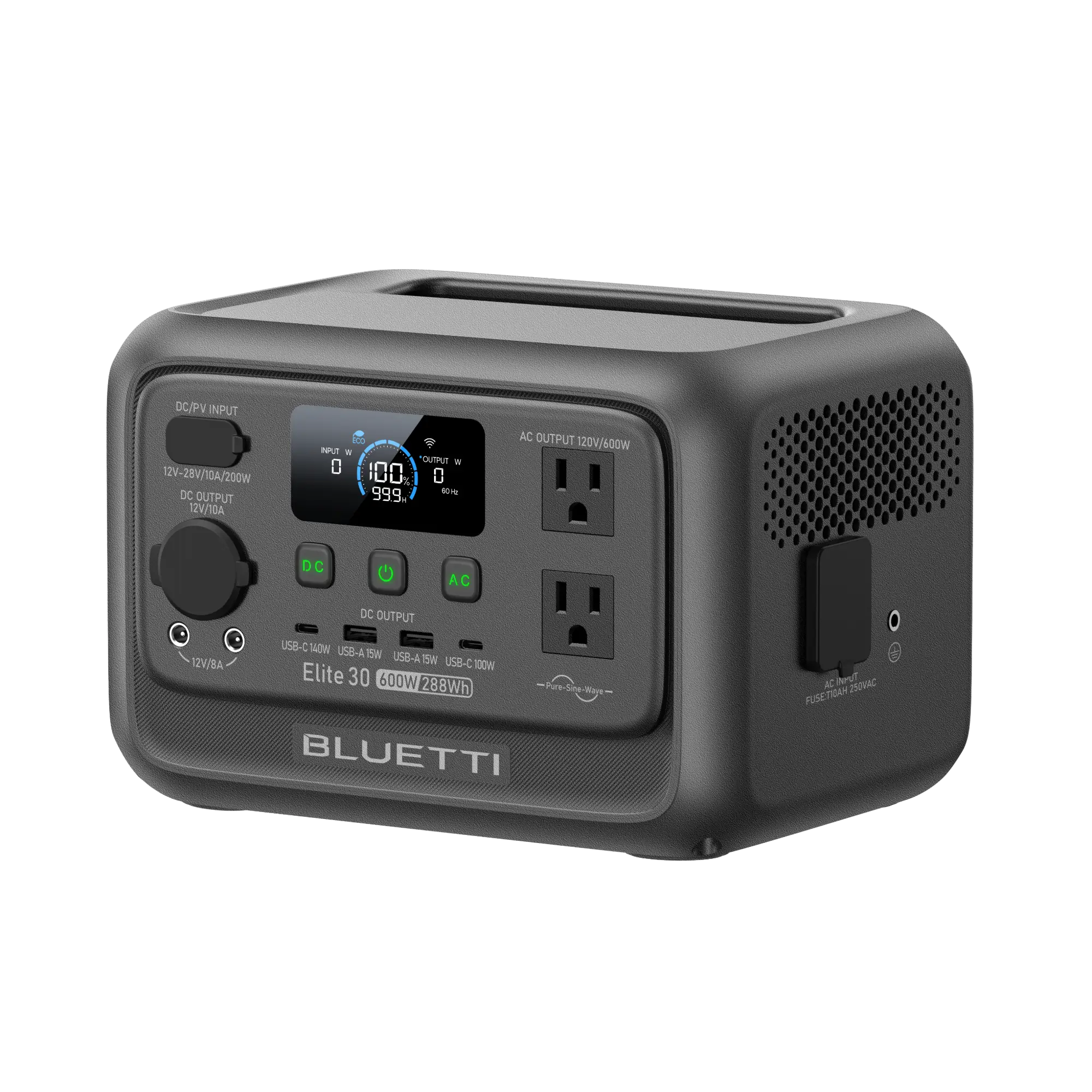 A portable Bluetti power station with multiple input and output ports, an LCD display indicating battery status, two AC outlets, USB ports, and vent grills, set against a plain background.