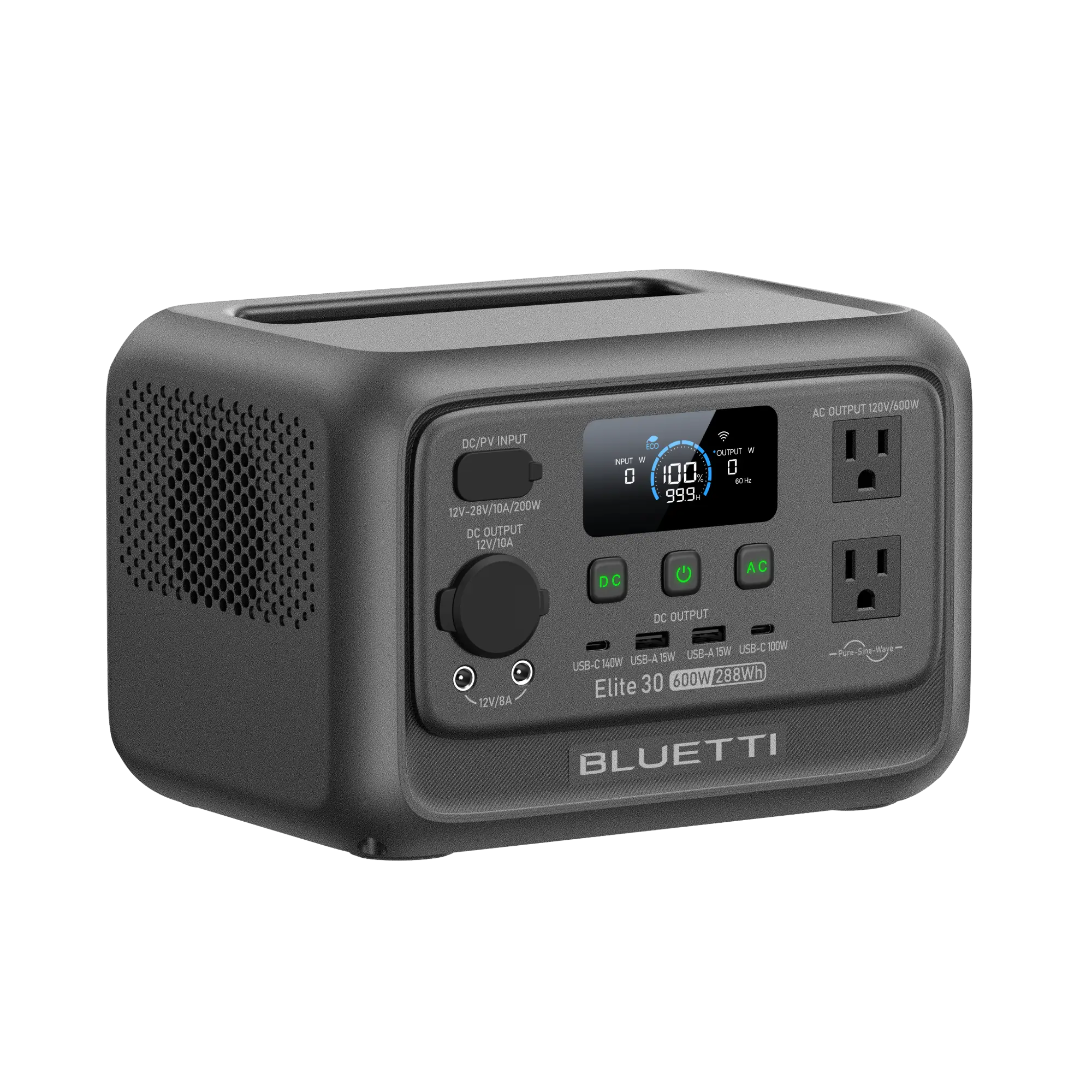 A Bluetti Elite 300 portable power station featuring an LCD display and multiple ports—including two AC outlets, USB ports, and DC input/output—displayed against a plain white background.