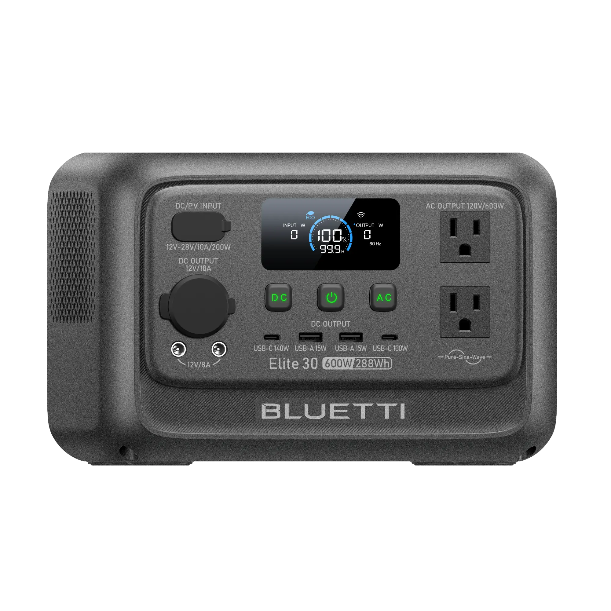 A portable Bluetti Elite 300 power station by Bluetti, featuring an LED display, control buttons, two AC outlets, multiple USB and DC ports, and clearly labeled connections on the front panel, set against a plain white background.