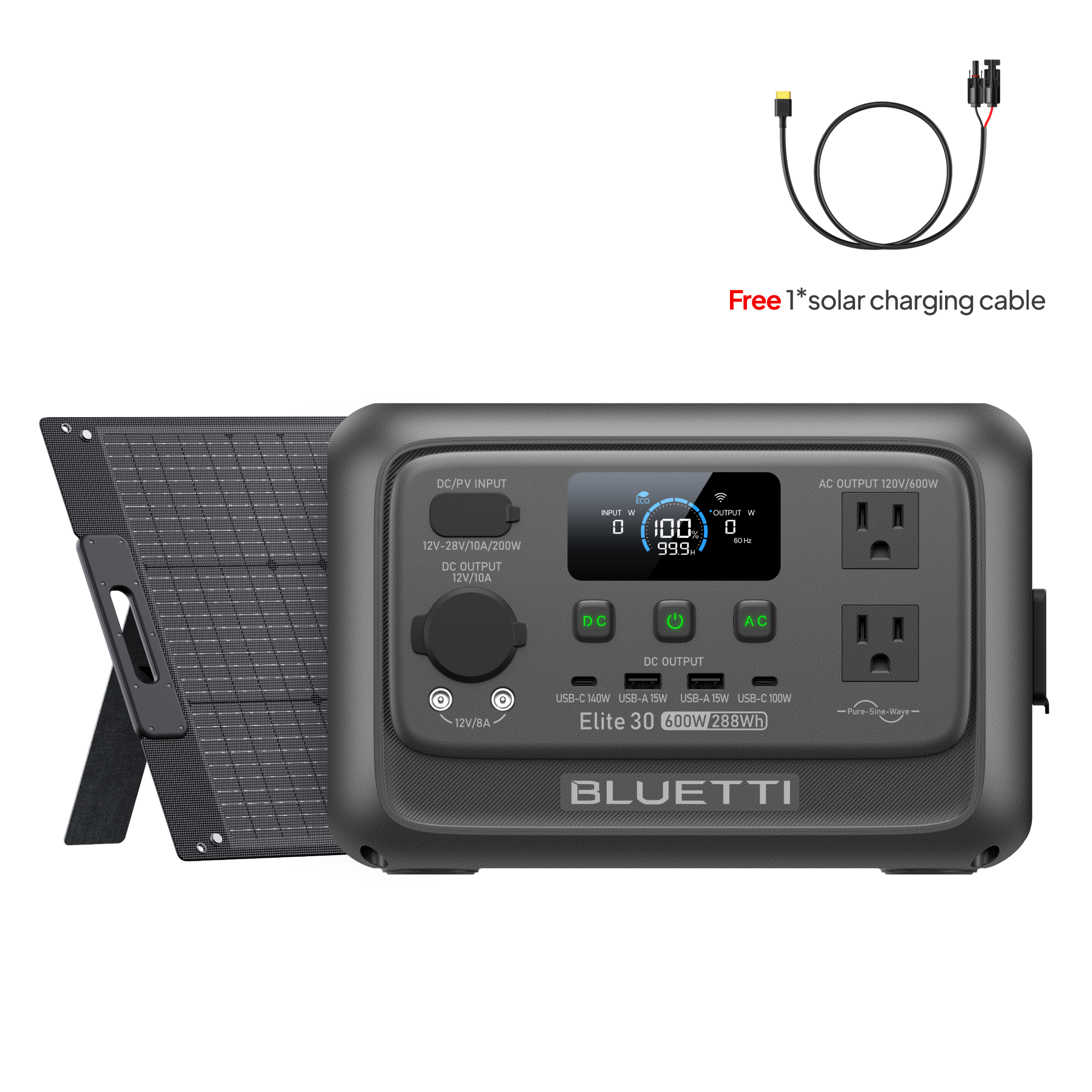 Bluetti portable power station featuring two AC outlets, USB ports, a display screen, and a solar panel. A complimentary solar charging cable with connectors is also included, shown separately at the top right.