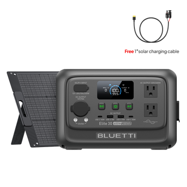 Bluetti portable power station featuring two AC outlets, USB ports, a display screen, and a solar panel. A complimentary solar charging cable with connectors is also included, shown separately at the top right.