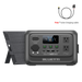 Bluetti portable power station featuring two AC outlets, USB ports, a display screen, and a solar panel. A complimentary solar charging cable with connectors is also included, shown separately at the top right.