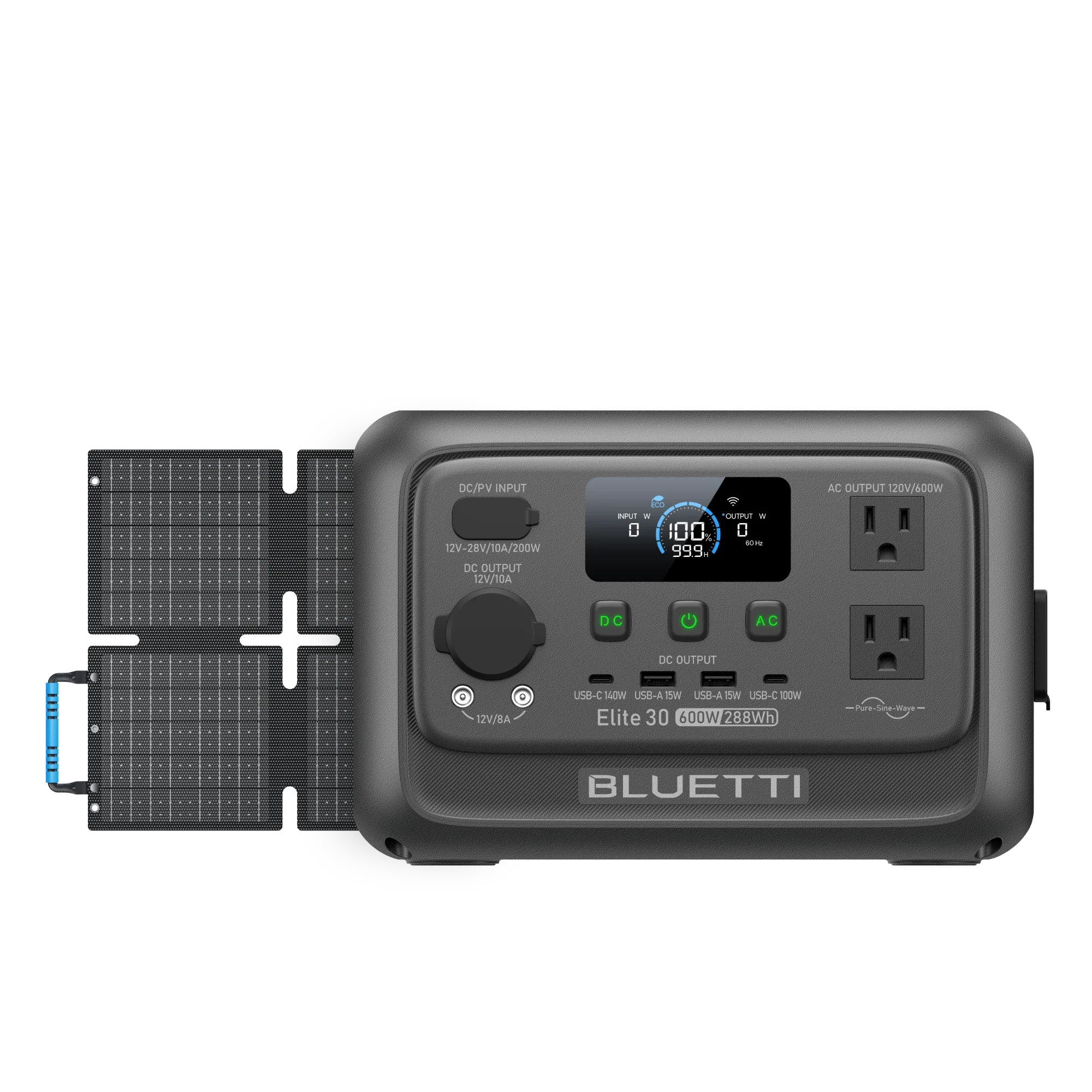 A portable Bluetti power station, finished in black, features a digital display, two AC outlets, and multiple DC input/output ports. A foldable solar panel is attached to its left side. The device is shown against a plain white background.