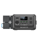 A portable Bluetti power station, finished in black, features a digital display, two AC outlets, and multiple DC input/output ports. A foldable solar panel is attached to its left side. The device is shown against a plain white background.