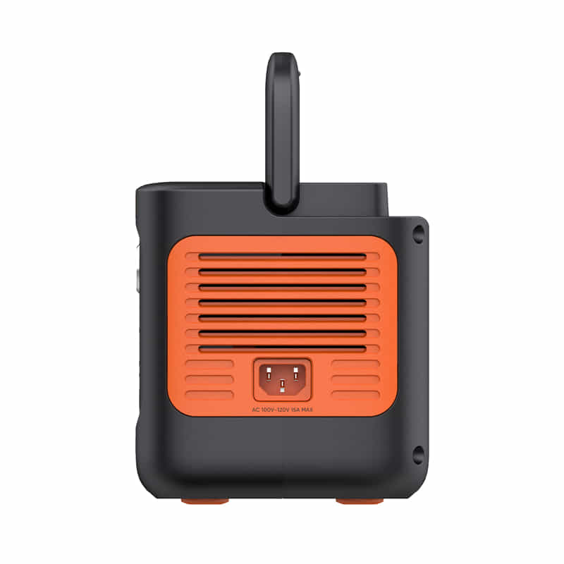 The Jackery portable power station, featuring a handle, displays an orange vented panel on the side with one electrical outlet labeled for AC 100V-120V, 10A max.