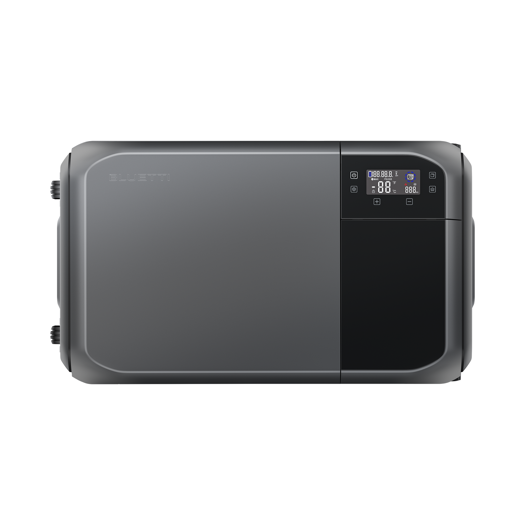 A rectangular, portable Bluetti fridge or freezer with a matte gray finish, digital control panel and display on the top right. The unit features rounded corners and handles on each side.