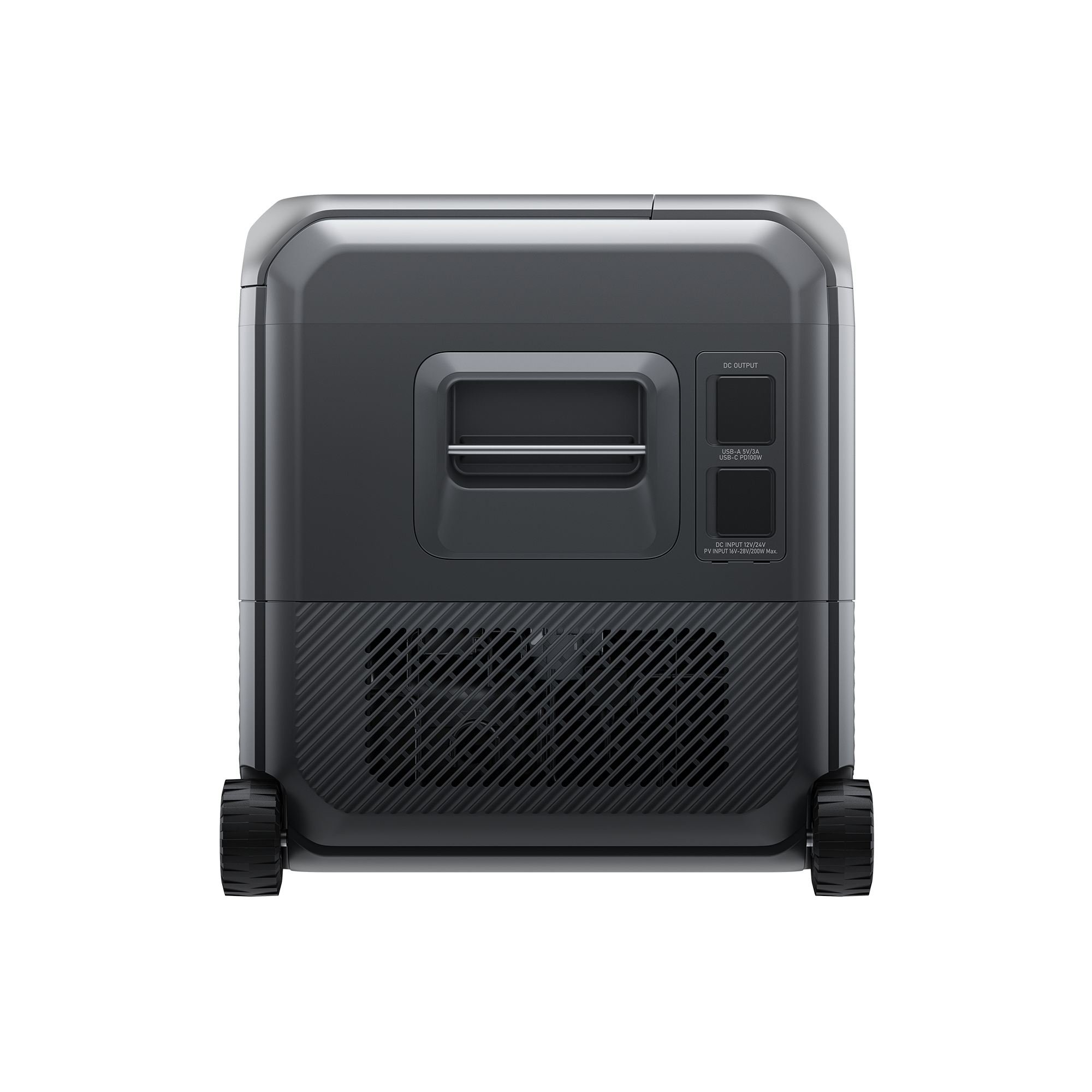 A black Bluetti portable generator featuring two wheels at the bottom, a horizontal central handle, and vented panels on the lower half. Its surface displays labeled switches and an outlet positioned on the right side.