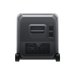 A black Bluetti portable generator featuring two wheels at the bottom, a horizontal central handle, and vented panels on the lower half. Its surface displays labeled switches and an outlet positioned on the right side.