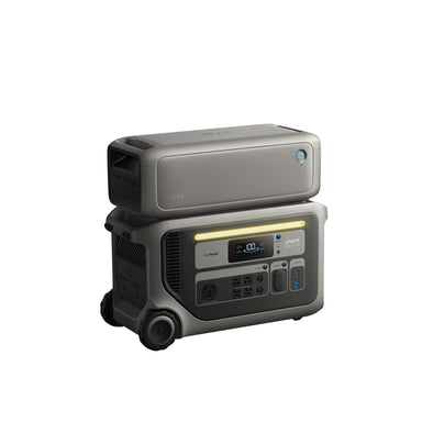 Anker portable power station with wheels, handle, digital display, and multiple outlets, stacked with a rectangular gray device—both in gray—set against a white background.