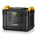 The BougeRV Portable Power Station showcases a LiFePO4 battery and delivers a 1200W output. This stylish black device with distinctive yellow handles is equipped with several AC outlets, a USB-C port, USB ports, DC outputs, and an LED display prominently featuring the brand name on the front.