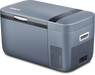 A gray portable cooler with a digital display and ventilation panel doubles as a fridge, offering car battery protection for safe travel. It features a side handle and showcases the "ICECO Wholesale" brand name on the top lid.