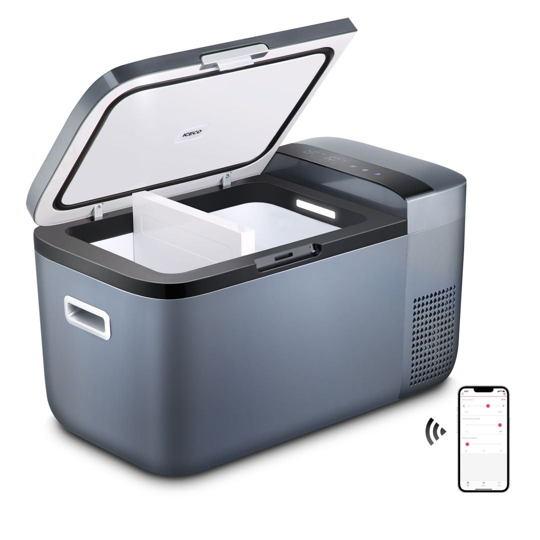 An ICECO Wholesale portable fridge with an open lid reveals its empty, gray interior and modern design alongside a control panel. Nearby, a smartphone app showcases Wi-Fi connectivity and efficient energy use, powered by a SECOP compressor.