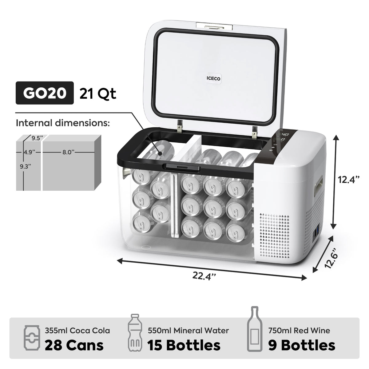 Image of an ICECO Wholesale GO20 21-quart portable fridge featuring an efficient SECOP compressor. When open, it reveals internal storage capable of holding 28 cans, 15 bottles of mineral water, or 9 bottles of red wine, showcasing energy-efficient and impressive storage capacity.