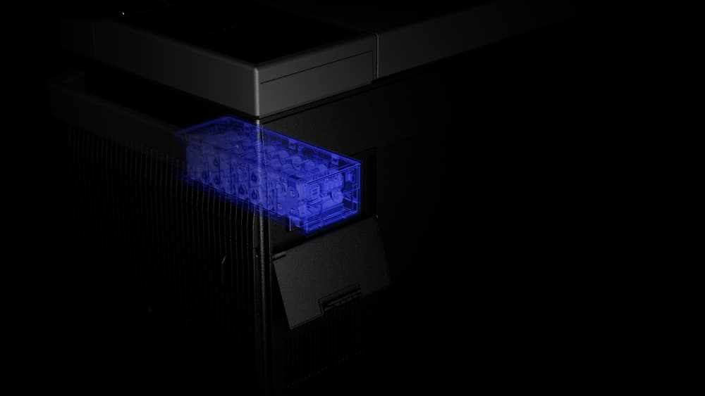 A computer-generated image shows a printer with a highlighted, semi-transparent blue section revealing the internal printhead, much like how EcoFlow products unveil their innovative technology. The dark background emphasizes the highlight.