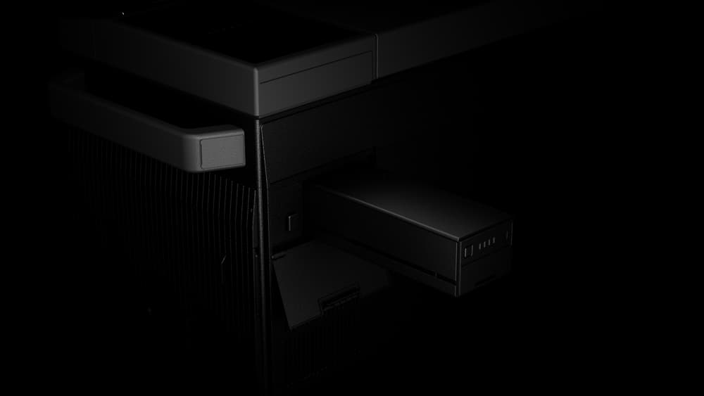 A close-up of a black EcoFlow device shows a rectangular component partially inserted into a side slot, set against a dark background.