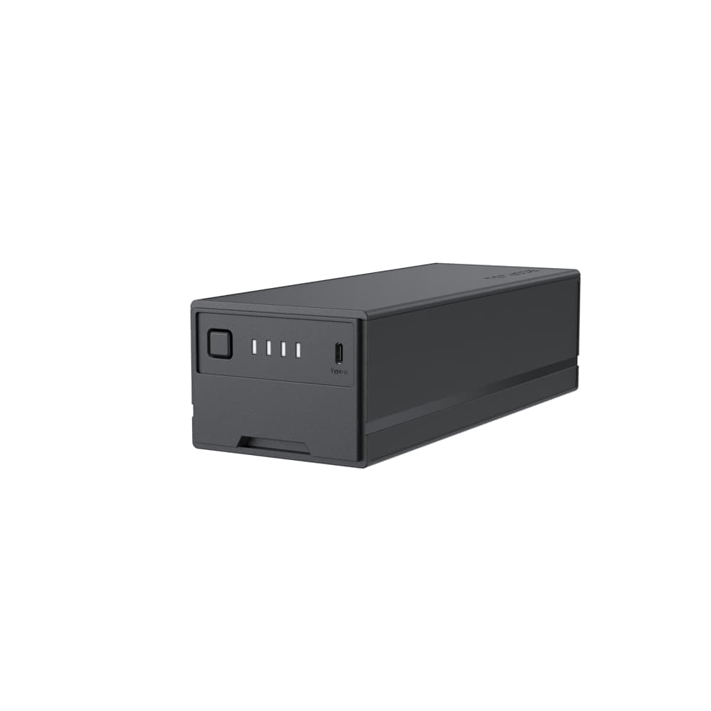 The EcoFlow Glacier Plug-In Battery is a black, rectangular device featuring a button, four LED indicators, and a USB port on one side. Its sleek, minimalistic design makes it perfect for powering your outdoor adventures.