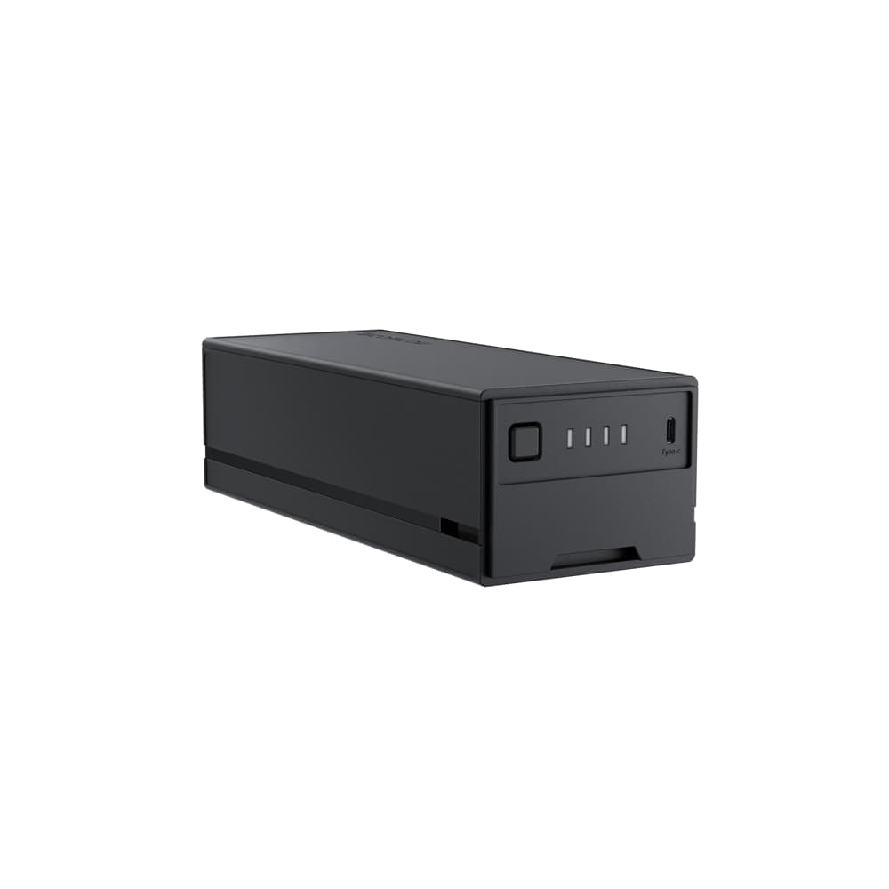 A rectangular black EcoFlow Glacier Plug-In Battery featuring a power button, four LED indicators, and a USB port on one end, perfect as a portable refrigerator battery for outdoor adventures, displayed on a white background.