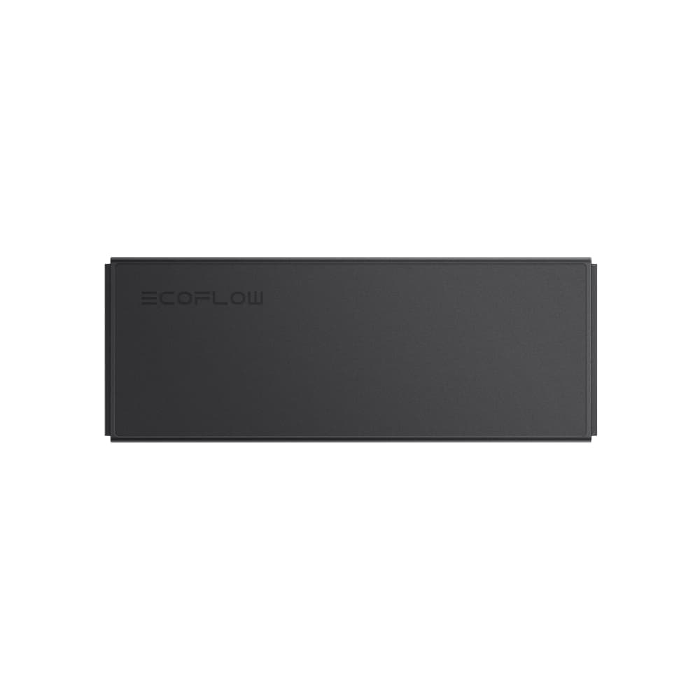 The EcoFlow Glacier Plug-In Battery, a rectangular black device with "EcoFlow" embossed on the upper left front, is an ideal portable refrigerator battery for outdoor adventures. Shown against a plain white background.