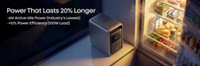 An Anker portable power station sits on a counter next to an open refrigerator filled with food. Text on the image highlights Anker's efficient performance and long-lasting power features.