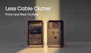 Two Anker portable power stations, displayed from the front and back, are positioned side by side on a flat surface with text above that reads “Less Cable Clutter, Front and Rear Outlets.” Light is shining directly onto the products.